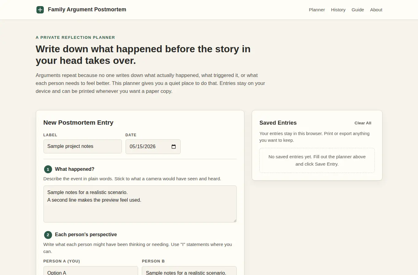 Screenshot of Family Argument Postmortem — A Private Reflection Planner interface showing the project page in use